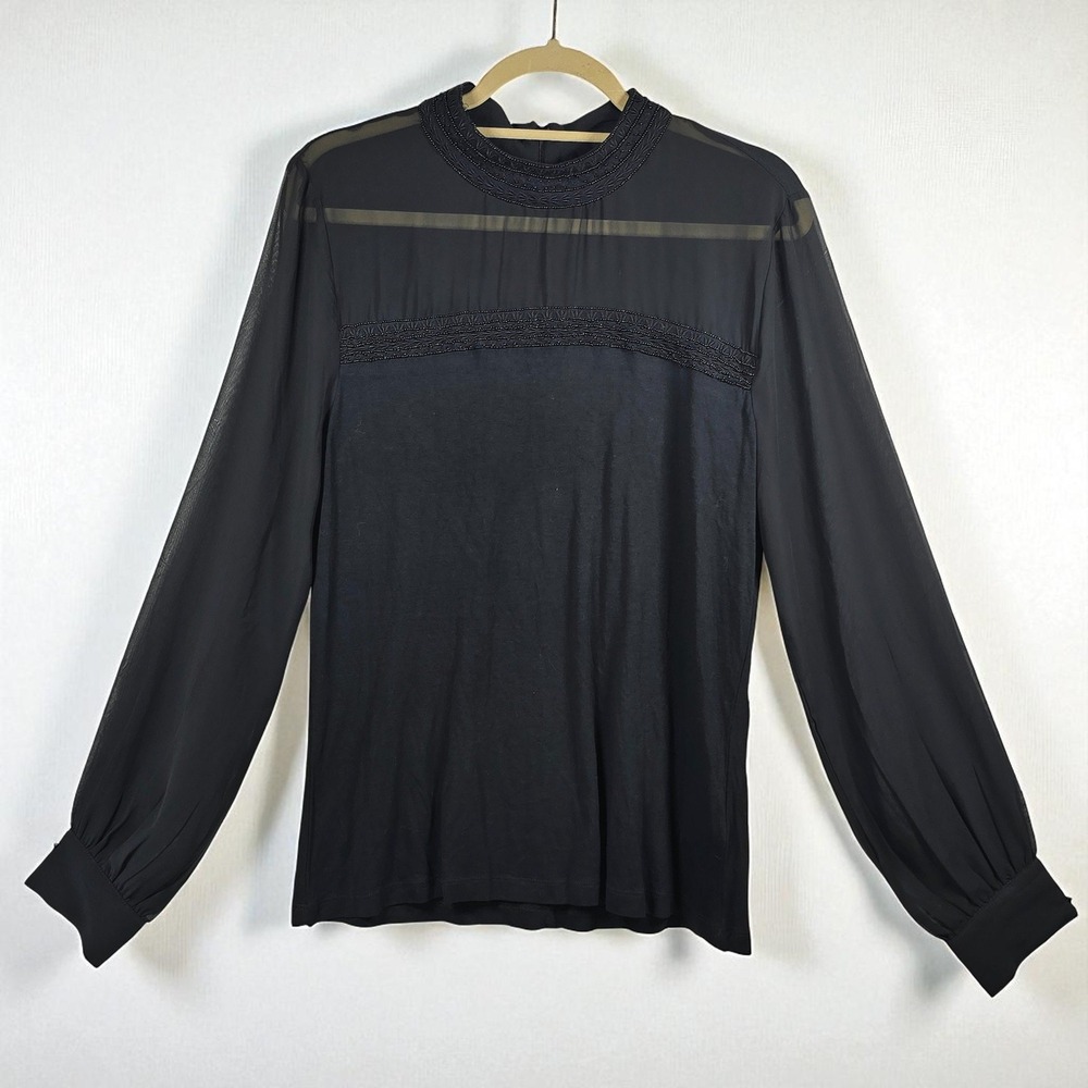 Lauren Ralph Lauren Black Sheer Long Sleeve Top Woman Large Beaded Mock Neck